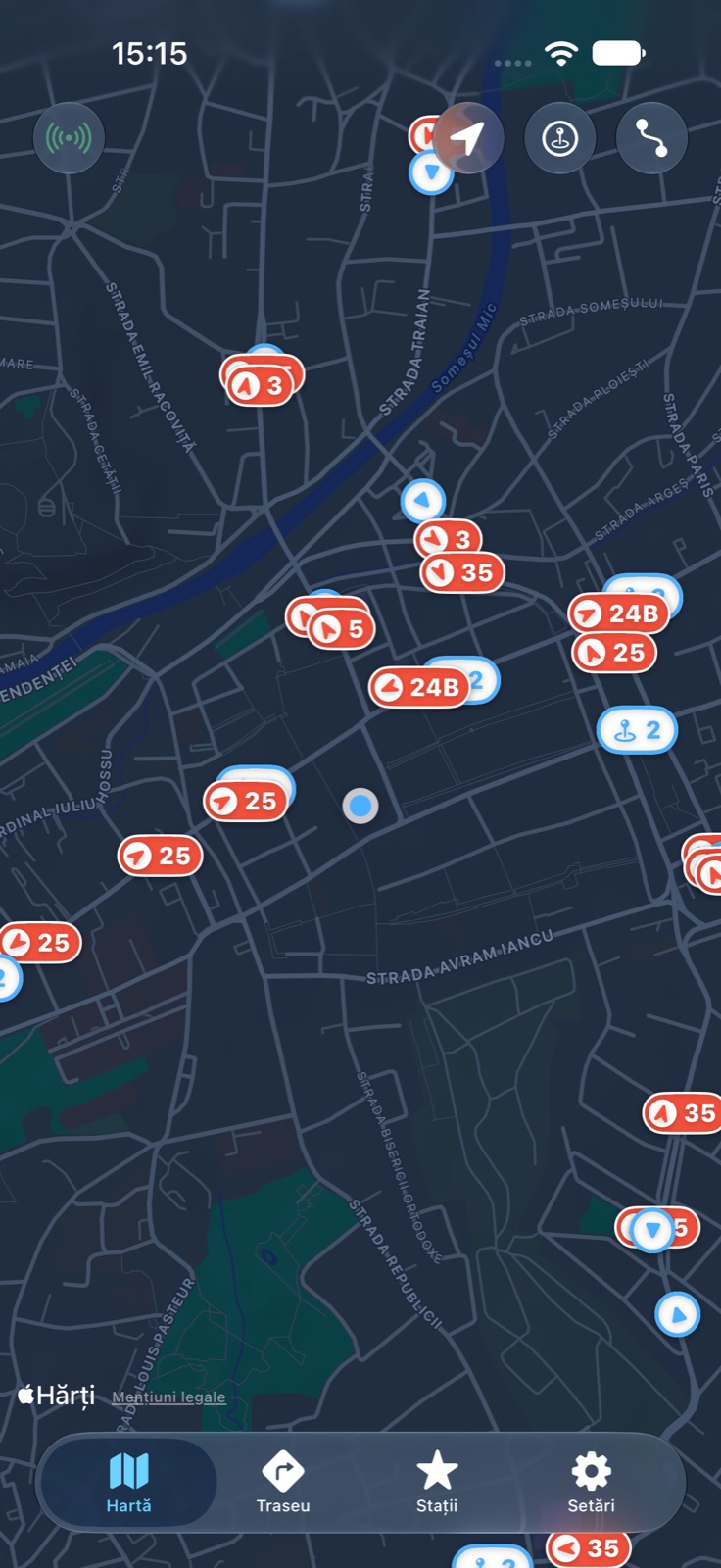 VineBusu — harta Clujului cu autobuzele live, numărul liniei și sensul de mers.