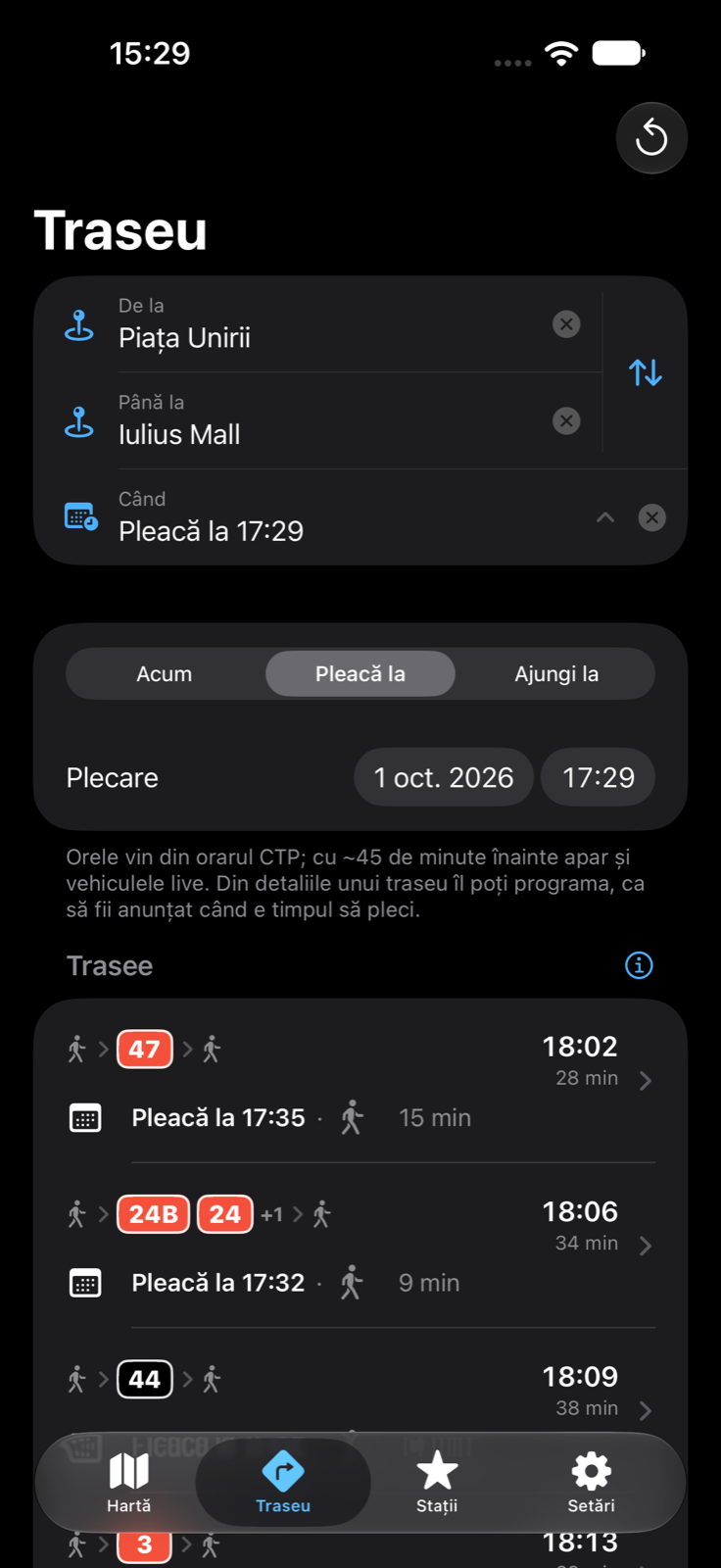 Un traseu programat după orarul CTP, cu anunț înainte de plecare.